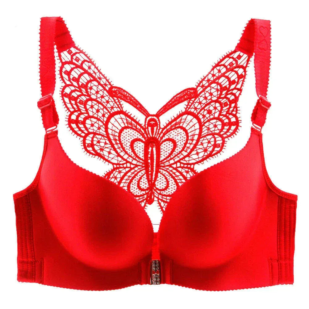 2Pcs Set Butterfly Embroidery Front Closure Wireless Adjustable Gather Bra with Underwear