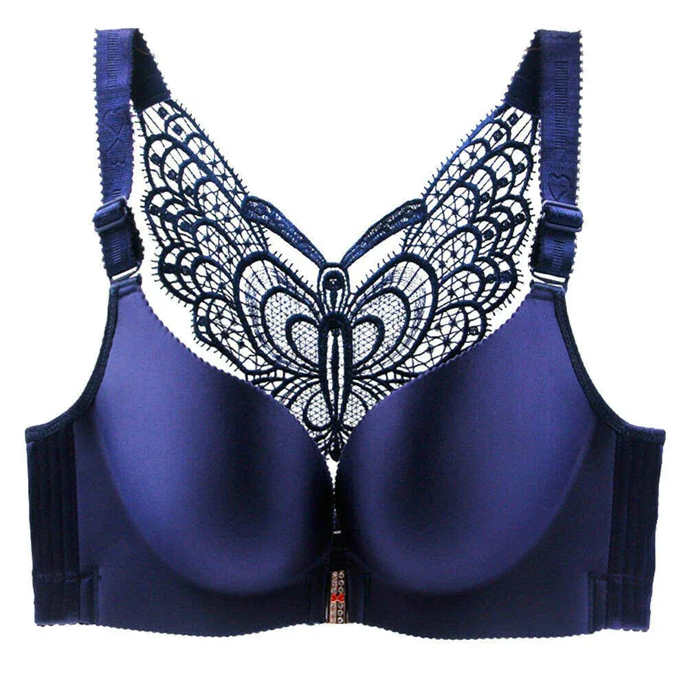 2Pcs Set Butterfly Embroidery Front Closure Wireless Adjustable Gather Bra with Underwear