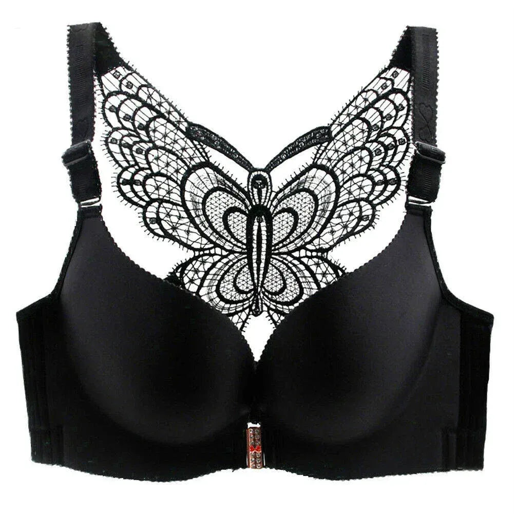 2Pcs Set Butterfly Embroidery Front Closure Wireless Adjustable Gather Bra with Underwear