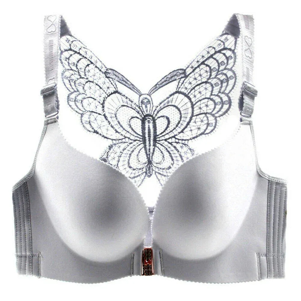 2Pcs Set Butterfly Embroidery Front Closure Wireless Adjustable Gather Bra with Underwear