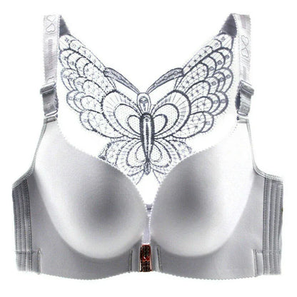 2Pcs Set Butterfly Embroidery Front Closure Wireless Adjustable Gather Bra with Underwear