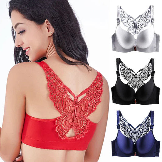 2Pcs Set Butterfly Embroidery Front Closure Wireless Adjustable Gather Bra with Underwear